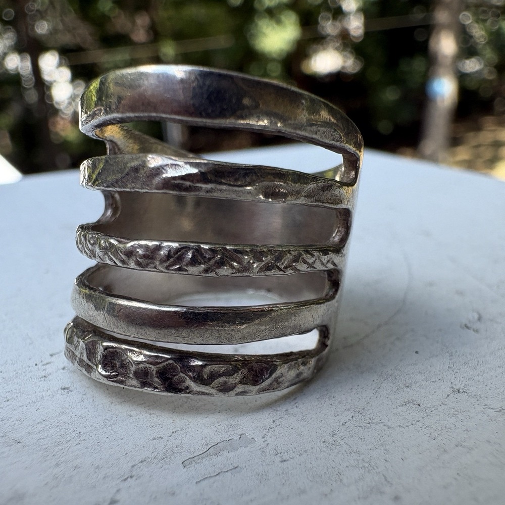 Sterling Silver 925 Israel Wide Hammered Multi Row Cage Statement Ring Vintage